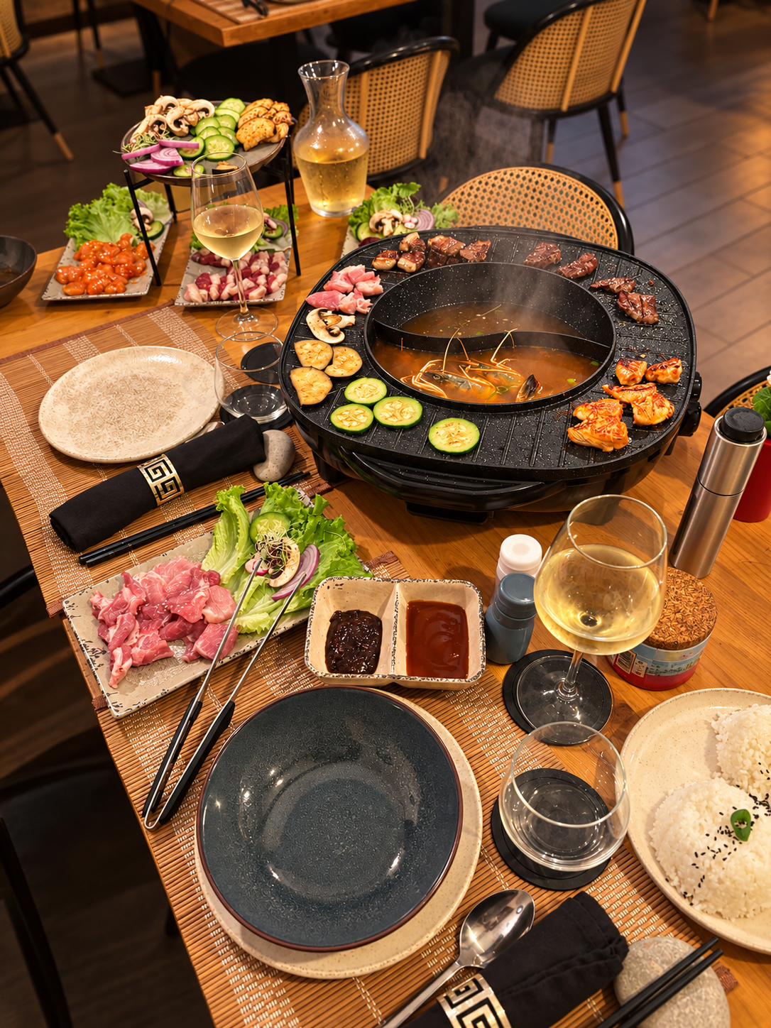Barbecue coréen électrique au centre d'une table, avec viandes, légumes et bouillon signature
